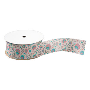 Teal & Coral Folk Art Floral Pattern Grosgrain Ribbon