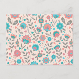 Teal & Coral Folk Art Floral Pattern Holiday Postcard