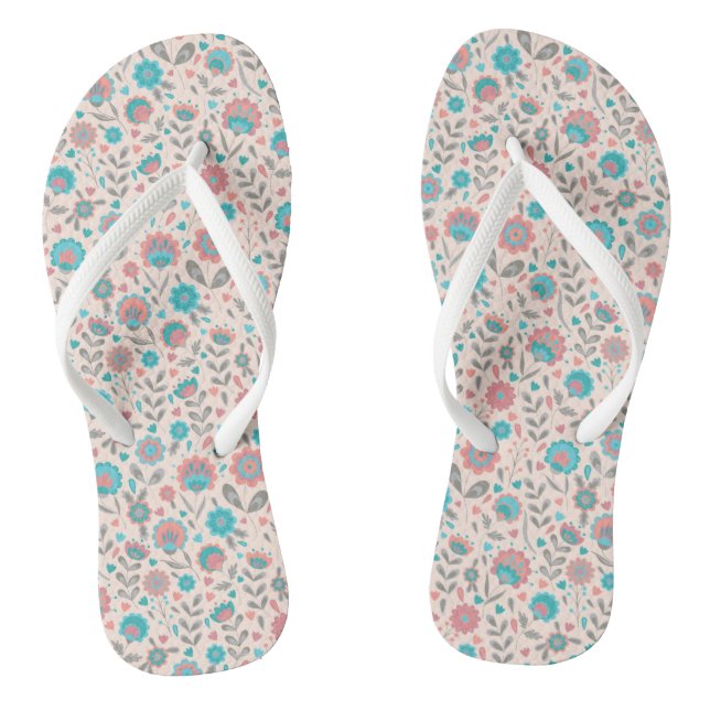 Teal & Coral Folk Art Floral Pattern Jandals (Footbed)