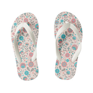 Teal & Coral Folk Art Floral Pattern Kid's Jandals