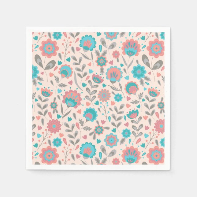 Teal & Coral Folk Art Floral Pattern Napkin (Front)