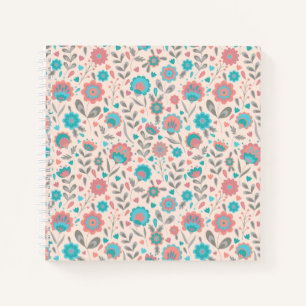 Teal & Coral Folk Art Floral Pattern Notebook
