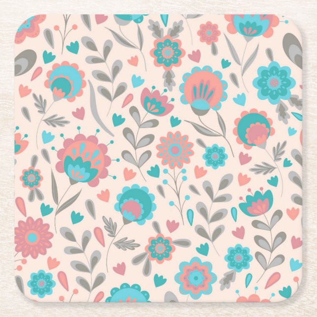 Teal & Coral Folk Art Floral Pattern Square Paper Coaster (Front)