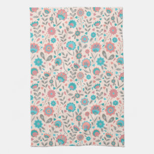 Teal & Coral Folk Art Floral Pattern Tea Towel