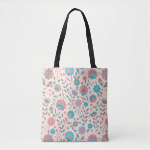 Teal & Coral Folk Art Floral Pattern Tote Bag