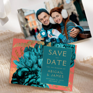 Teal Coral Gold Floral Photo Wedding Save the Date Invitation