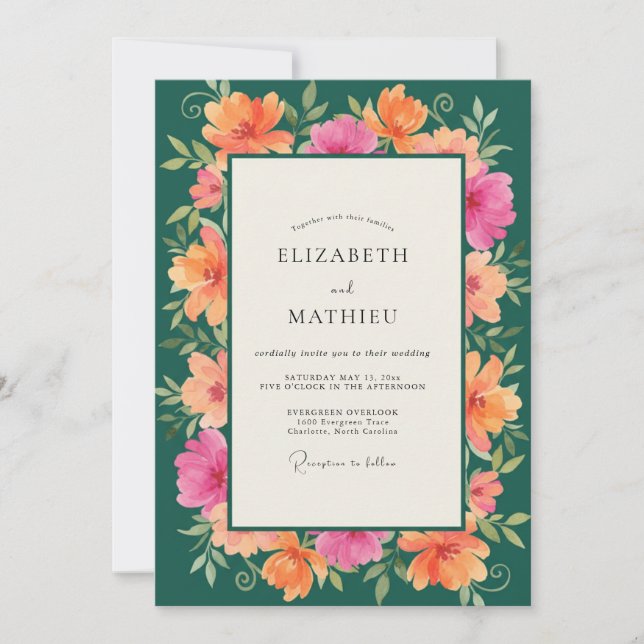 Teal Coral Hibiscus Eucalyptus Wedding Invitation (Front)