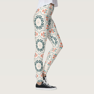 Teal Coral Islamic Geometric Floral Pattern Leggings