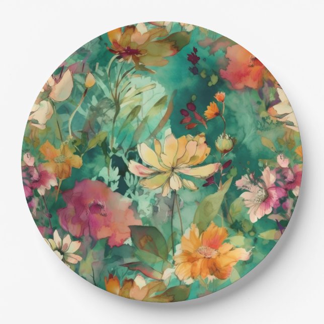Teal, Coral & Mauve Modern Art Floral Paper Plate (Front)
