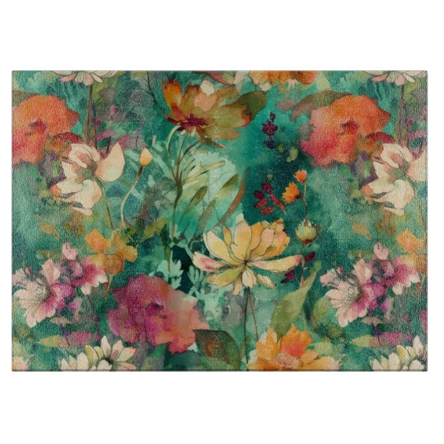 Teal, Coral & Mauve Modern Art Glass Cutting Board (Front)
