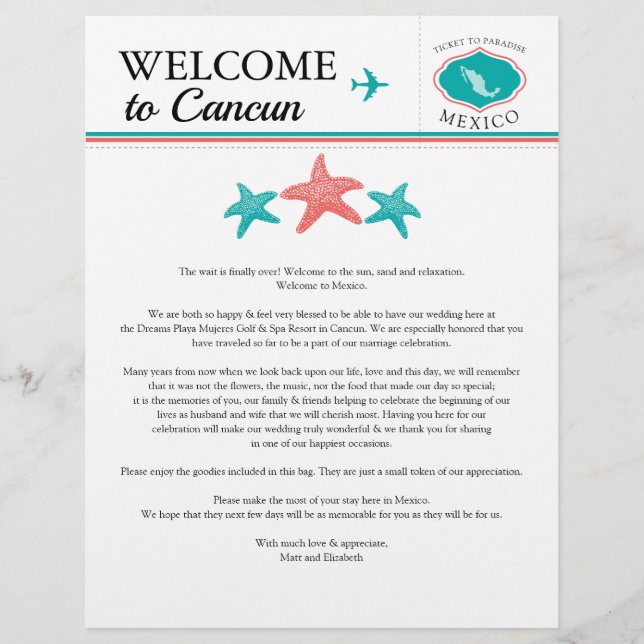 Teal Coral Mexico Wedding Welcome Letter (Front)