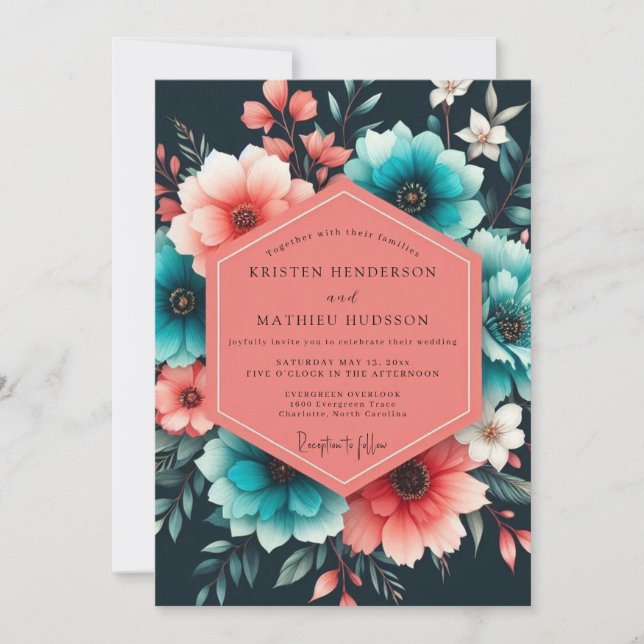 Teal Coral Painterly Bloom Wedding Invitation (Front)