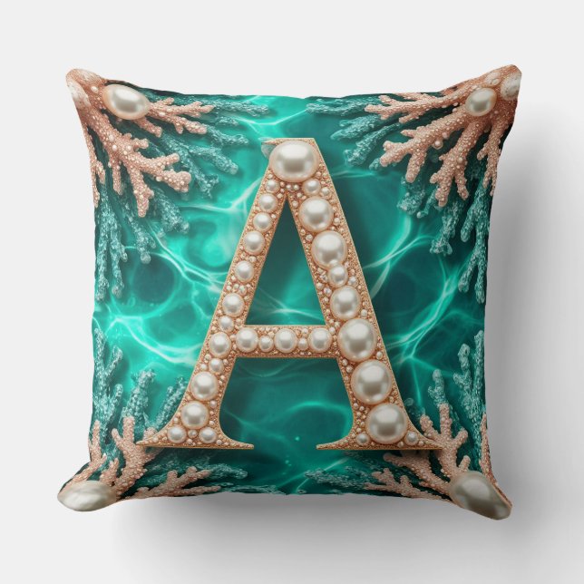🌊Teal Coral Pearl Monogram Letter A Gift 🌊 Cushion (Front)