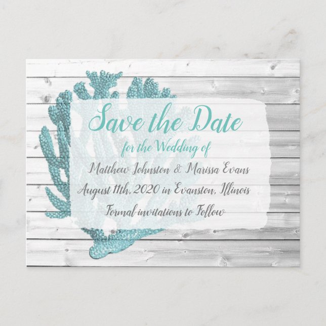 Teal Coral Personalised Save the Date Postcard (Front)