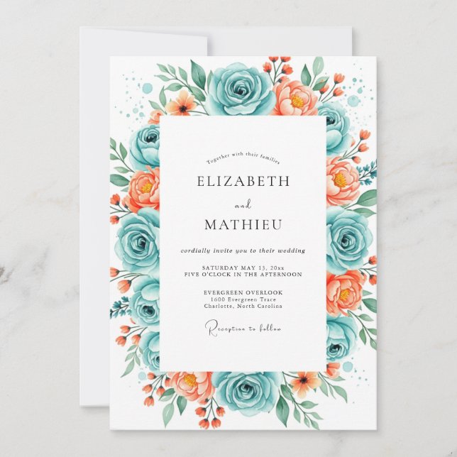 Teal Coral Radiant Spring Wedding Invitation (Front)