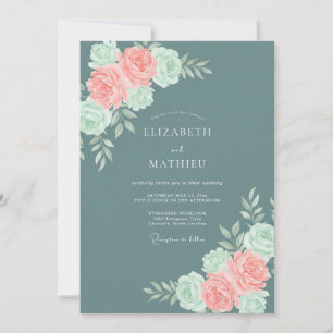 Teal Coral Rose Botanical Wedding Invitation