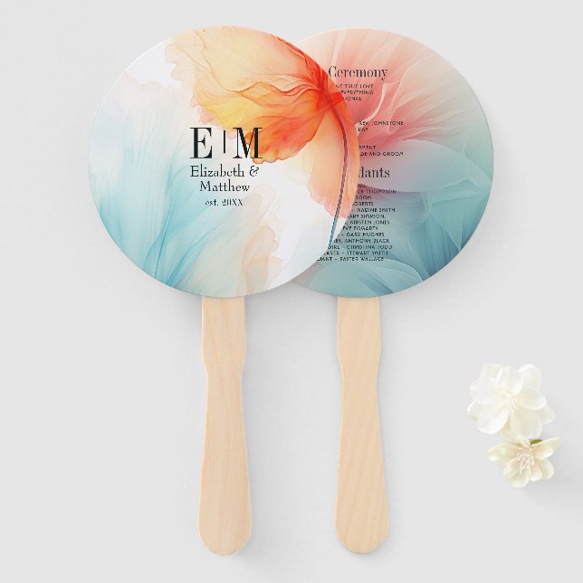 Teal Coral & Soft Yellow Beach Wedding Program Hand Fan (Front and Back)