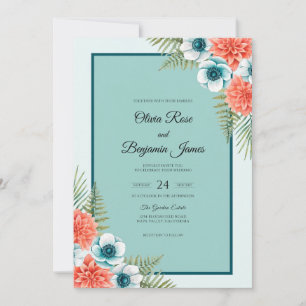 Teal Coral Tropical Soft Eucalyptus Wedding Invitation