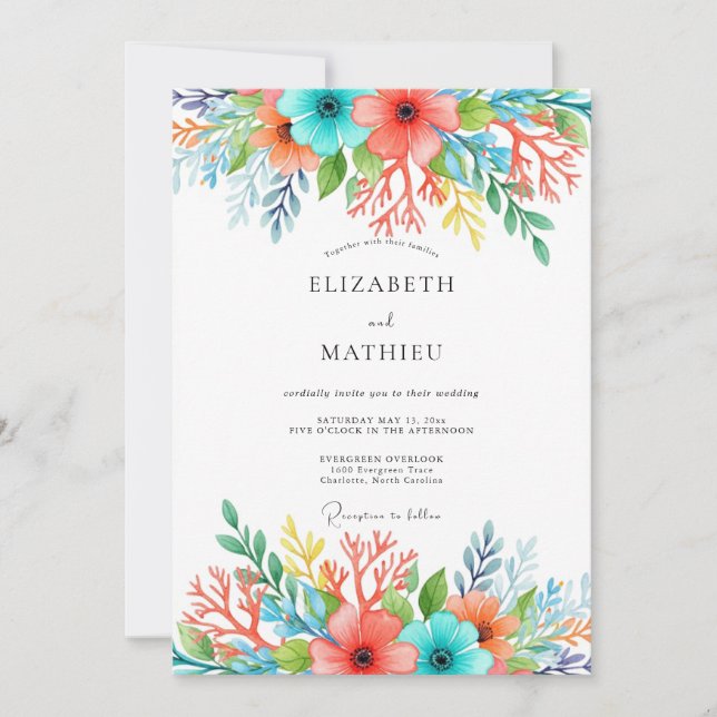 Teal Coral Whimsical Floral Wedding Invitation (Front)