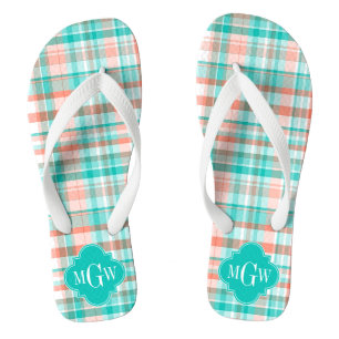 Teal Coral White Preppy Madras Monogram Jandals