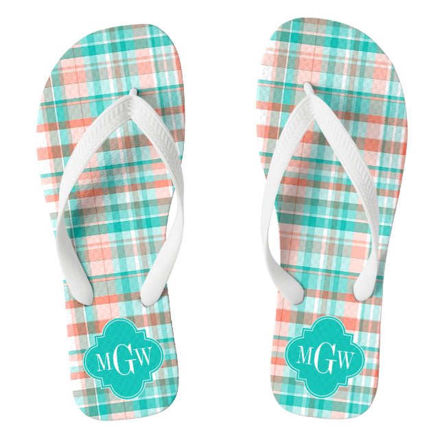 Teal Coral White Preppy Madras Monogram Jandals (Footbed)