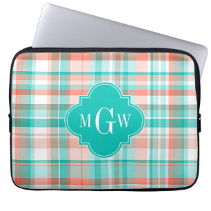 Teal Coral White Preppy Madras Monogram Laptop Sleeve