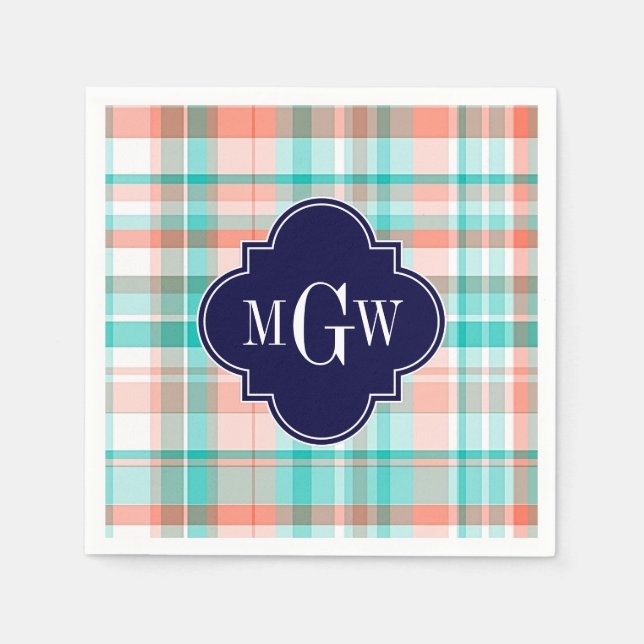 Teal Coral White Preppy Madras Monogram Napkin (Front)