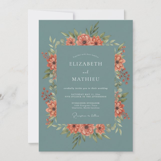 Teal Coral Wreath Botanical Wedding Invitation (Front)