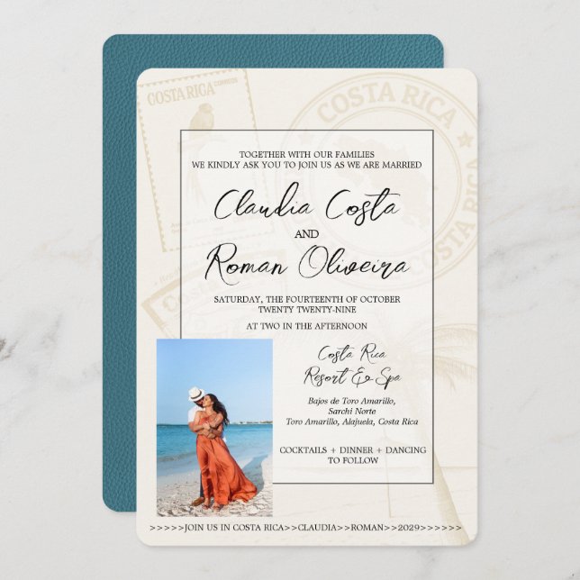 Teal Costa Rica Passport Wedding Invitation (Front/Back)