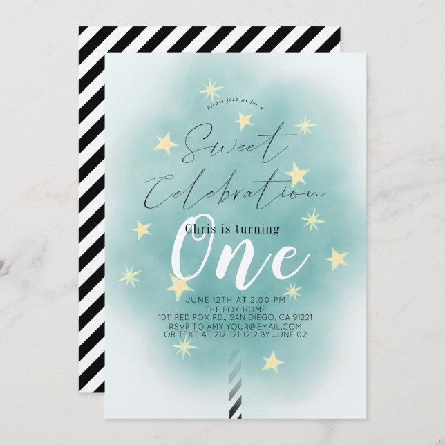 Teal Cotton Candy Sweet Boy 1st Birthday Invitation (Front/Back)
