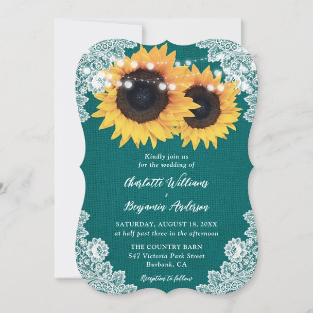 Teal Country Burlap Floral Lace Sunflower Wedding Invitation (Front)
