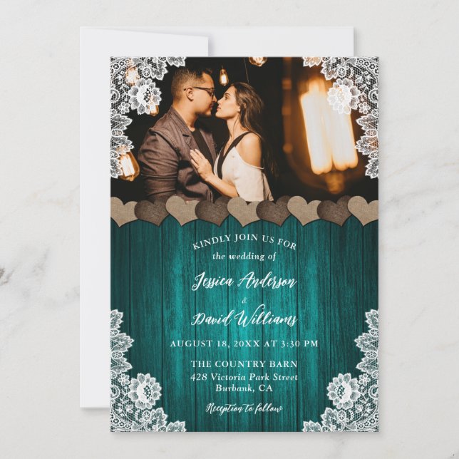 Teal Country Wood Burlap Floral Lace Photo Wedding Invitation (Front)
