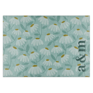 Teal Couple Initials Monogram Daisies Floral Cutting Board