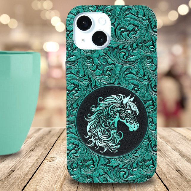 Teal cowgirl floral tooled leather horse head Case-Mate iPhone case (Teal cowgirl floral tooled leather horse head Case-Mate iPhone case)