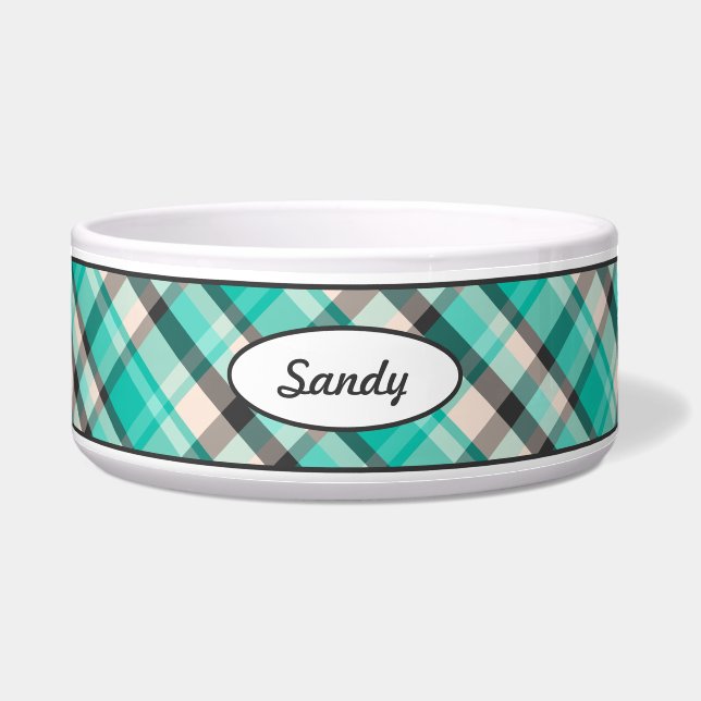 Teal, Cream And Dark Gray Plaid Pattern With Name (Front)