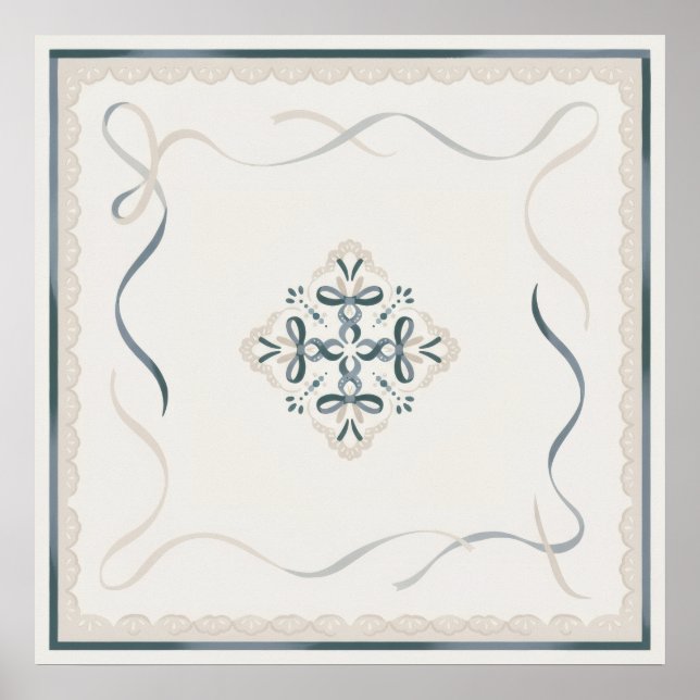 Teal Cream Folk Ribbon Ornament Minimal Poster (Front)