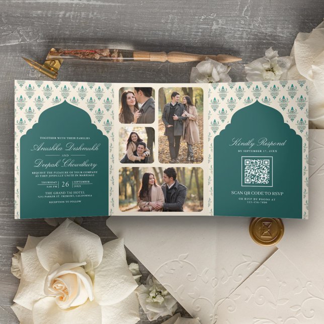Teal Cream Ikat All in One Indian Wedding Tri-Fold Invitation (Creator Uploaded)