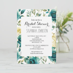 Teal Cream Rose Floral Bridal Shower Invitation