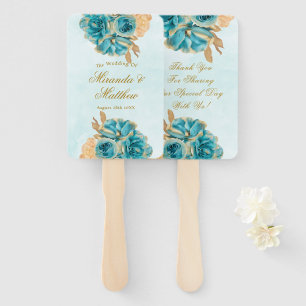Teal Creamy Gold Florals Wedding Thank You Hand Fan