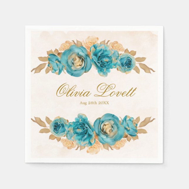Teal Creamy Gold Watercolor Floral Bridal Shower Napkin (Front)