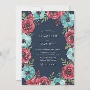 Teal Crimson Anemone Wedding Invitation