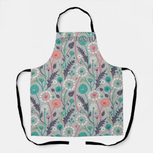Teal & Crimson Dandelion Dream – Stylised Floral Apron