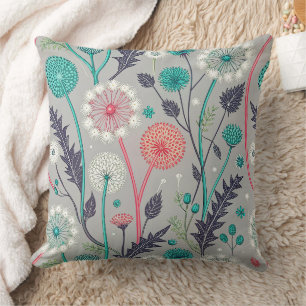 Teal & Crimson Dandelion Dream – Stylised Floral Cushion