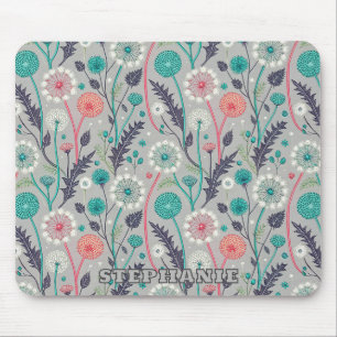 Teal & Crimson Dandelion Dream – Stylised Floral Mouse Pad