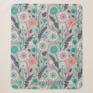 Teal & Crimson Dandelion Dream – Stylised Floral Sherpa Blanket