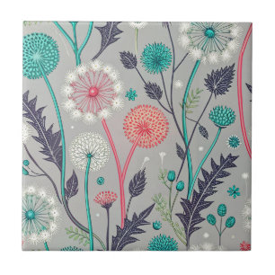 Teal & Crimson Dandelion Dream – Stylised Floral Tile