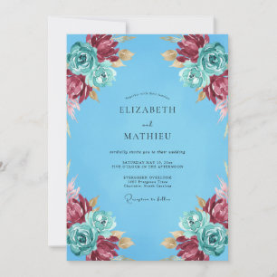 Teal Crimson Floral Romance Wedding Invitation