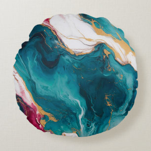 Teal & Crimson Marble Elegance Round Cushion