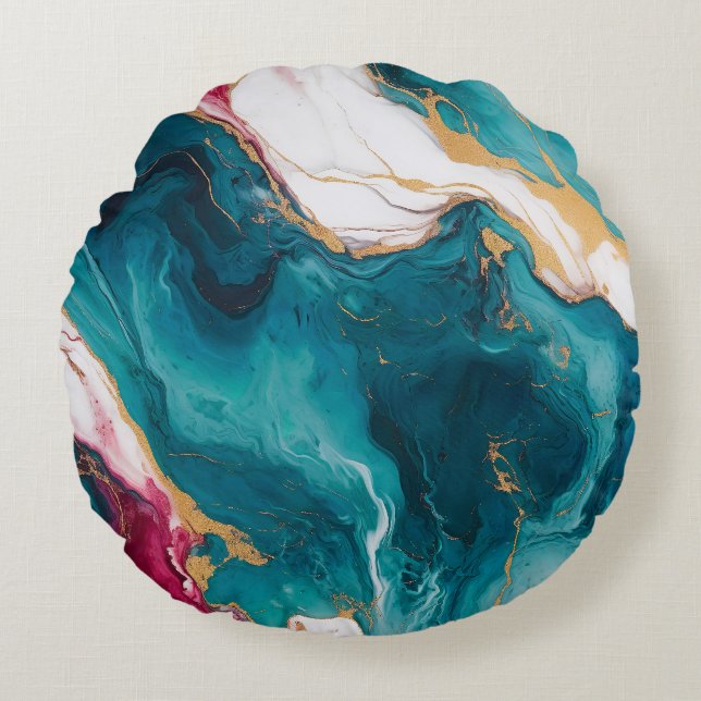 Teal & Crimson Marble Elegance Round Cushion (Front)
