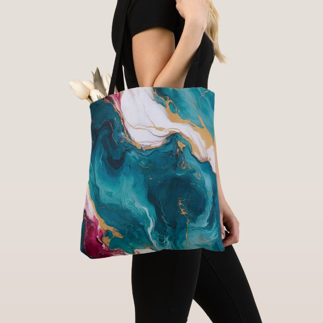 Teal & Crimson Marble Elegance Tote Bag (Close Up)
